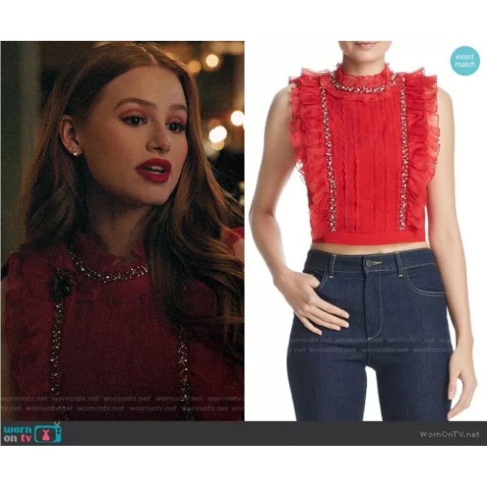 Riverdale, screen worn- Alice & Olivia Gwen Red Ruffle Crystal embellished top